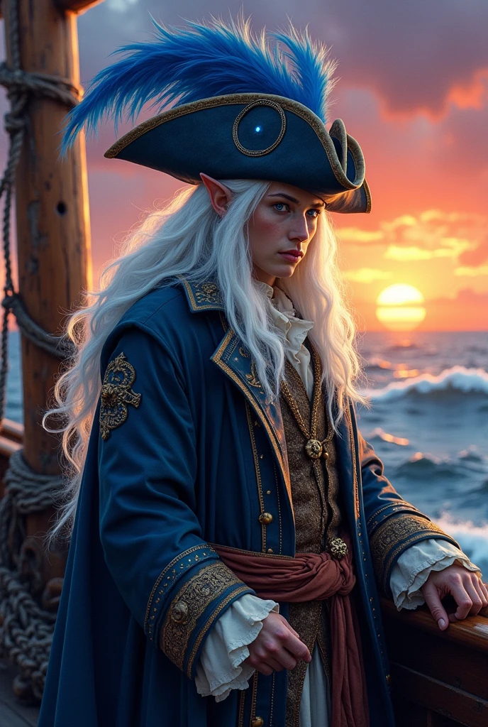Astral elf pirate with white hair blue eyes male leather coat and blue feathered pitate hat