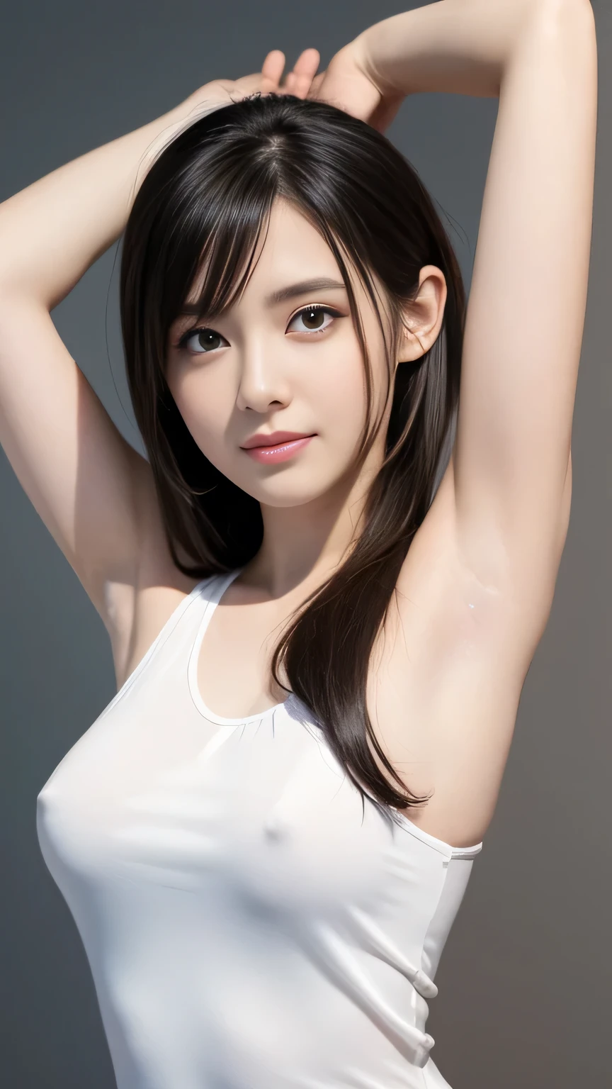 nsfw:1.2,8K,high quality,anime,Married women,pale,beautiful,Small face,clean,bright,Eye highlights,beautiful line drawing. Black Hair, White skin, Brown eyes, Fancy black dress, Sleeveless clothing, Arms raised to show armpits, Arms raised to show armpits, Painted from head to belly,