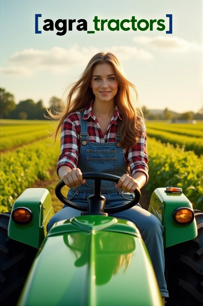 A stunning young woman with flowing hair, dressed in casual farming attire, confidently operating a bright green John Deere tractor in a lush field. The scene highlights her skill and connection with the land. The image also features the name '[agra_tractors]' in a bold, modern font at the top, accompanied by a sleek blue tick verification symbol."