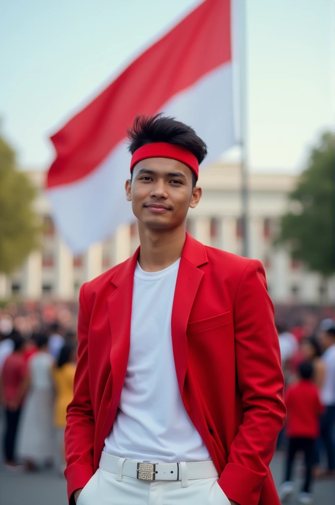 A portrait of a 19-year-old Indonesian young man wearing a red slim jacket and white pants,wearing a red headband,standing at the IKN palace with blurred people and the red and white flag behind him.