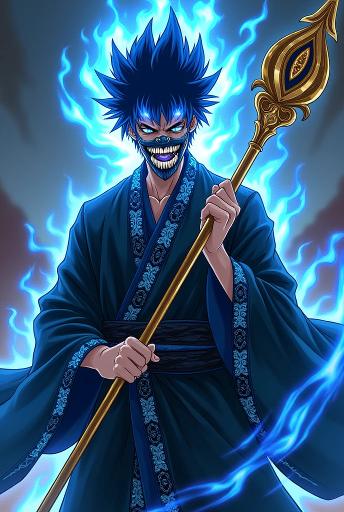 a man with blue flames mixed with his spiky dark blue hair wearing a mask with blue teeth and a glowing blue eye , wearing a Japanese garment that exudes a sacred presence, black with blue details holding a golden staff with rays (style of anime)