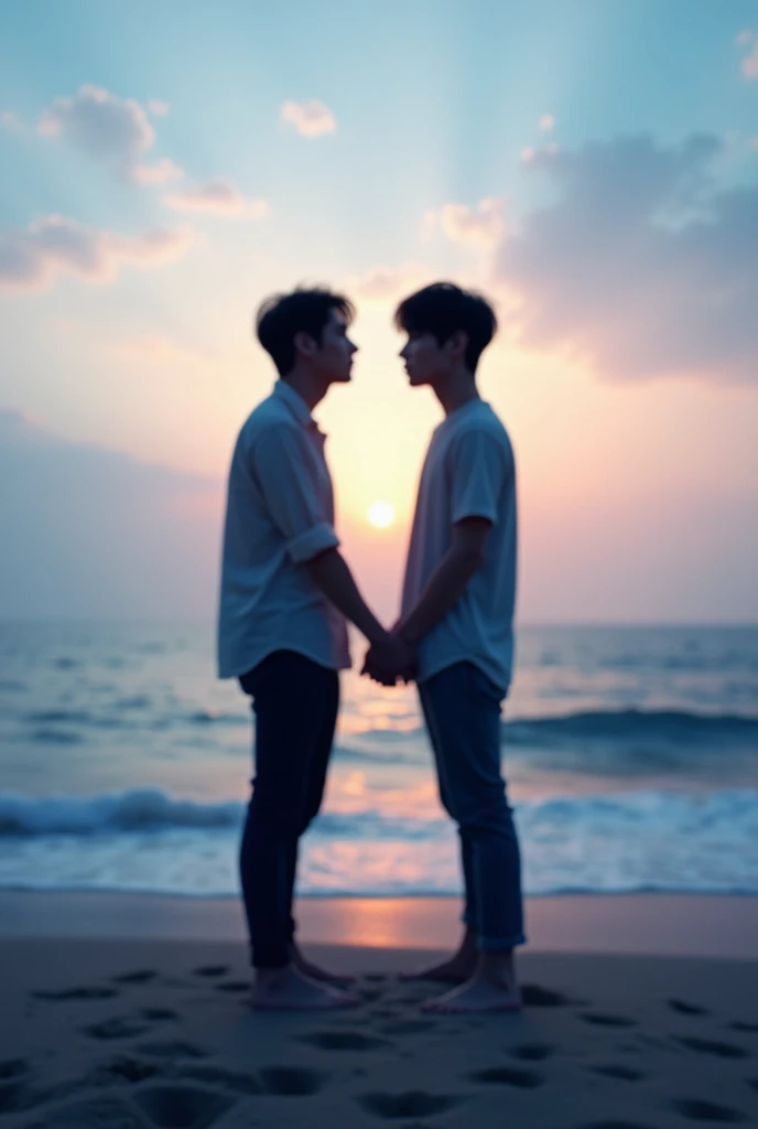 The models are all 2 males aged 18 years old., Good figure with muscles,naked, Total height 2 meters. The two of them looked cheerful and close to each other.. They are Korean., white, and tall. Naked guys , big penis, butt plug. The backdrop is a beach., beautiful sea, white sand, Realistic picture. Sitting down, one hugging the other from behind