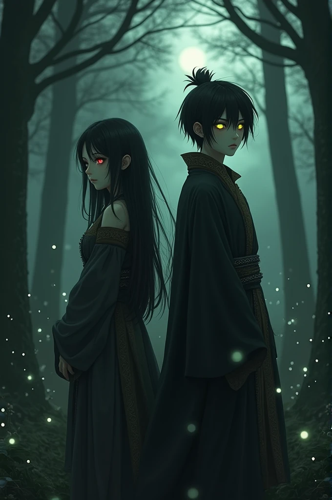 One with short black hair, ancient, torn oriental clothing, flaming red eyes, next to one with green eyes and long black hair in oriental clothing in a dark forest 