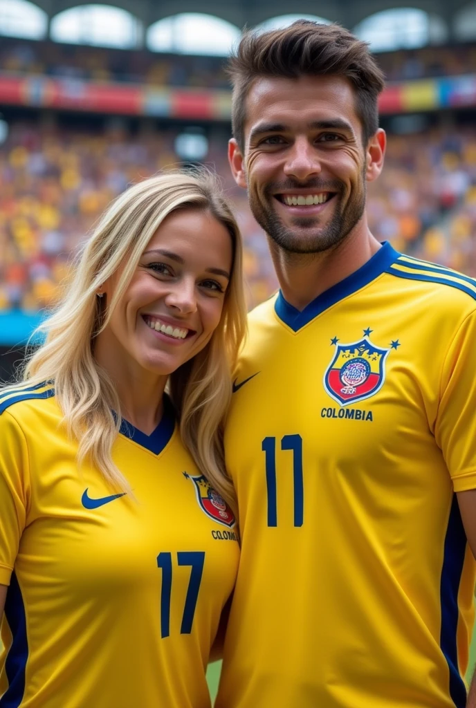 A woman and a man are facing the camera in a stadium wearing Colombia jerseys with the names Vicky and Willy. Vicky is white.