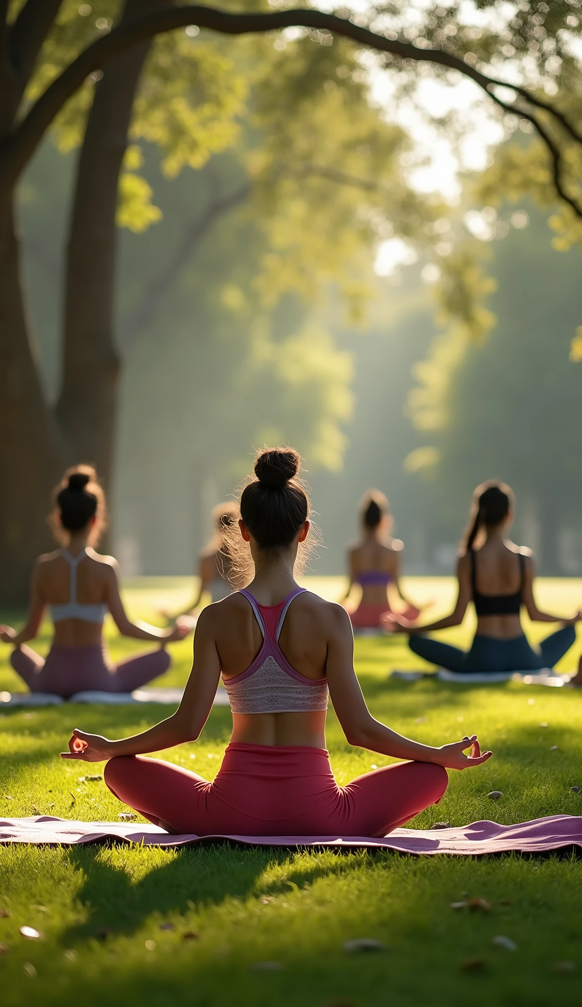 Yogis doing the child's pose in El Bosque Park at 8 am