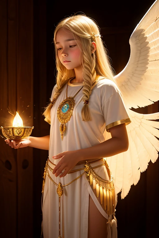 A young 15- yr old native American girl with lovely charminvg face,( skin texture masterpiece), (perfect full body detailed anatomy), (Super detailed), (meditating ), (glowing bright eyes),(short illuminating golden hair),Wearing transparent costume of an angel,holding a treasure septer & shield, illuminating different lights covers the sorrounding atmosphere Has beautiful large white wings, The character solemnly praying