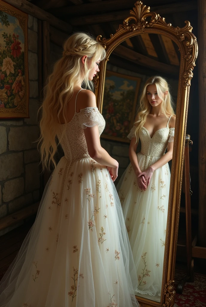 She creates outfits like a medieval peasant who looked in a mirror and dressed himself., Her reflection in the mirror, The blonde princess is wearing a mist-like dress...