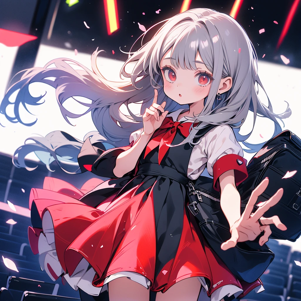 1girl,、cute、Primarhort-sleeved dress、Gray Hair、Red School Bag、Skipping、Facing sideways towards the audience、Yellow simple background