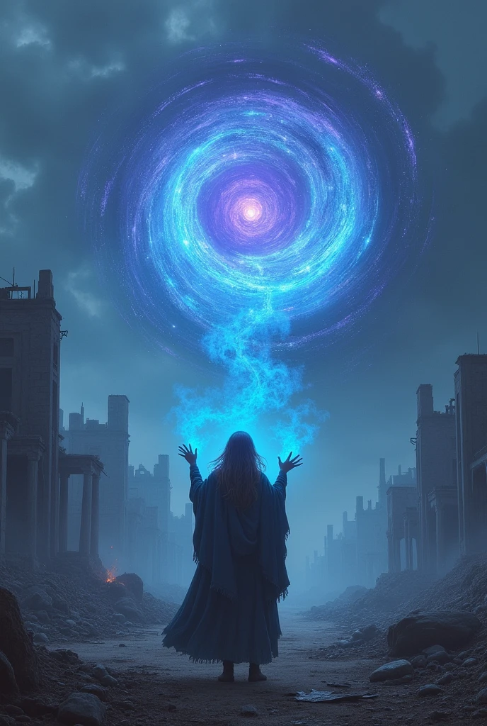A scene of conjuration magic in a post-apocalyptic world, with a female character seen from behind, wearing a worn cloak. She is in the midst of a ruined city, with rubble and partially destroyed buildings around. in front of her, a shadowy creature begins to materialize from a swirling vortex of brilliant magical energy, composed of sparks of blue and purple light. The sky is cloudy and there is a low fog in the air, creating a dark and threatening atmosphere. Magic surrounds the character's hands, The magical aura is intense,, and the ground around her seems to vibrate with arcane power. raised, with lights and shadows dancing around the conjuration.