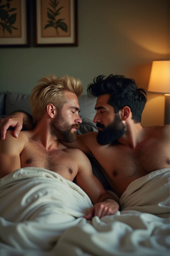 A two gus looking each other, facing each other touching, with anuscular body, forst have a blond hair and second have a black hair, hair body and have beard, taller, laying down at the bed inside a room.