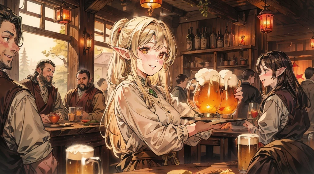 An illustrated scene set in a lively fantasy tavern at twilight. The focus is on a cheerful elf waitress, a young woman with long flowing hair and pointed ears, wearing a traditional tavern outfit. She is smiling warmly as she carries a large tray of mugs filled with beer, distributing them to a diverse group of patrons gathered around a round wooden table. The background shows a bustling tavern filled with various races, including humans, dwarves, and elves, all engaged in lively conversation. The setting is cozy, with a warm glow from lanterns and a large hearth, casting a soft, inviting light. The overall mood is vibrant yet warm, with a mix of soft browns, golds, and oranges to reflect the twilight hour.