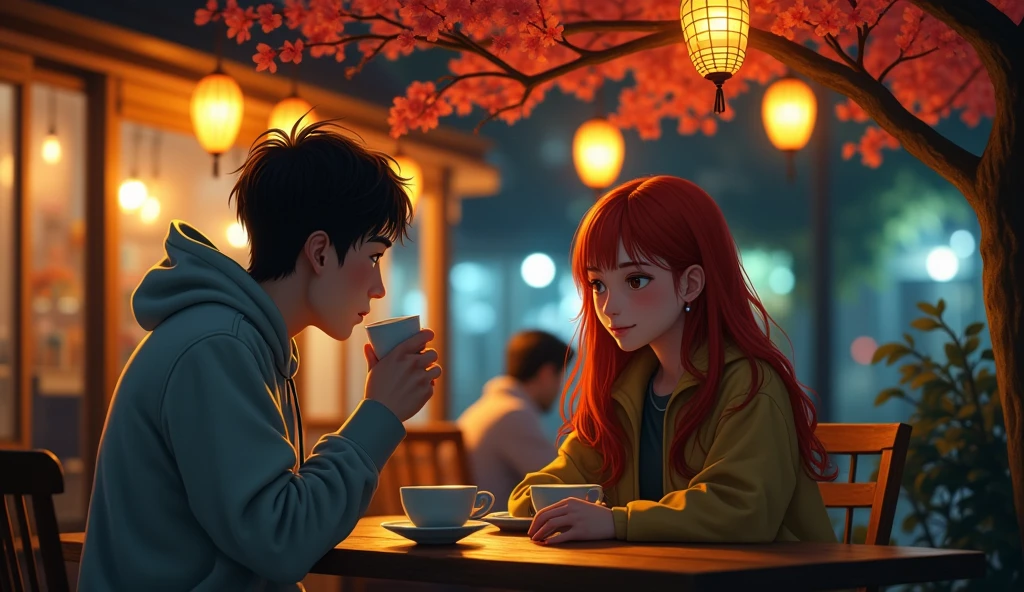 From afar, a white man in a sweatshirt with black hair drinking coffee from a cup, red-haired white woman drinking matcha in a coffee shop at night under a tree with red flowers and yellow Japanese-style round lights, studio gibli