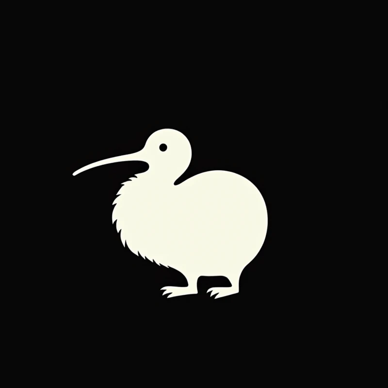 White silhouette of a cute hairless kiwi bird drawing on a black background