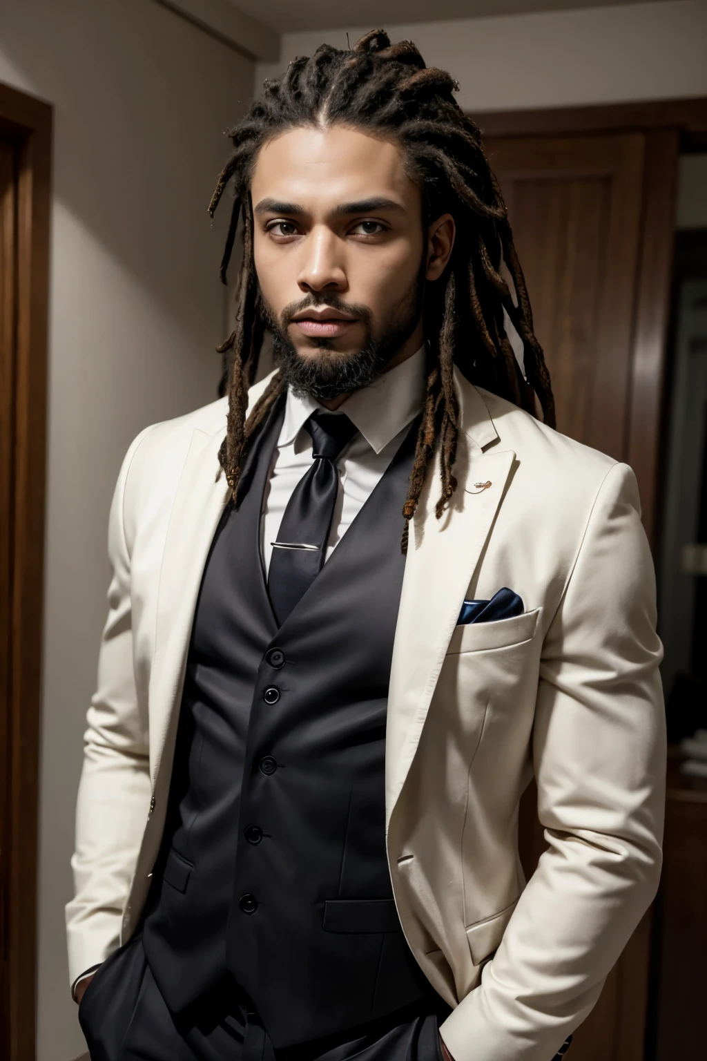homem negro forte, com barba e dreads marrom, with suit