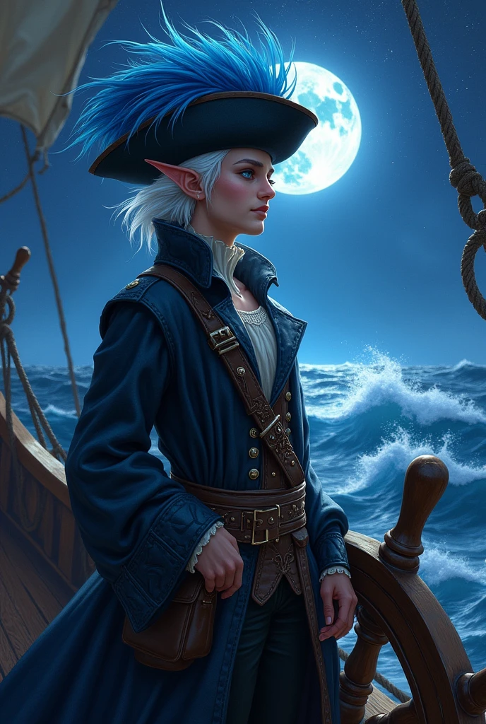 Astral elf pirate with short white hair blue eyes male leather coat and blue feathered pitate hat