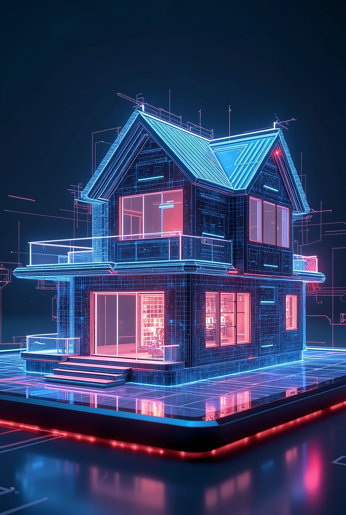 Illustration of a cybernetic house, house coming out of a tablet, house made with technology, house outlined with light, hologram of a house, neon lights, light contrast