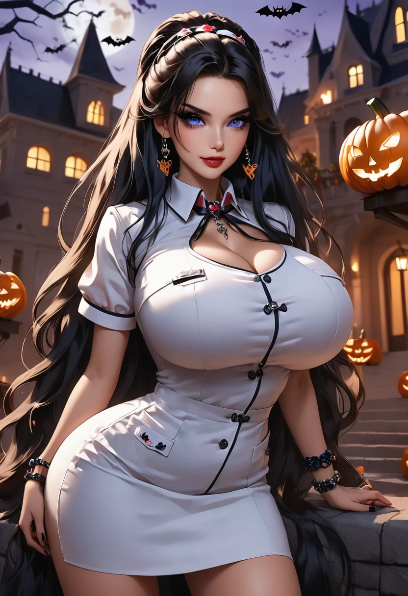 ((masterpiece, best quality, highly dramatic picture,((Halloween party )), ((barbie)), cinematic lens effect, ((busty bitches)), perfect Anatomy, exquisite lighting)) My friend's exotic milf Mom doing a sexy photo shoot( nurse uniform, random hair colour, long dreadlock hairstyle, evil seductive smile, sapphire bracelet, hair clips,confident pose)(location:  bleak island outdoor venue) 