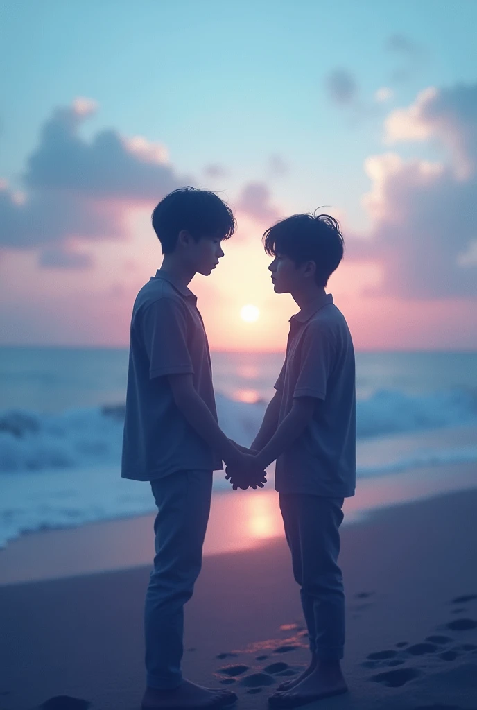 Un design avec deux silhouettes flouté d’hommes Jungkook et Jimin se tenant la main ou se regardant intensément, symbolisant leur connexion profonde. Le fond pourrait être un dégradé de couleurs douces, comme des bleus et des violets, avec un paysage apaisant, comme une plage au coucher du soleil ou une forêt tranquille, et des éléments subtils qui suggèrent une connexion intime, comme deux chemins se rejoignant ou des empreintes côte à côte.
