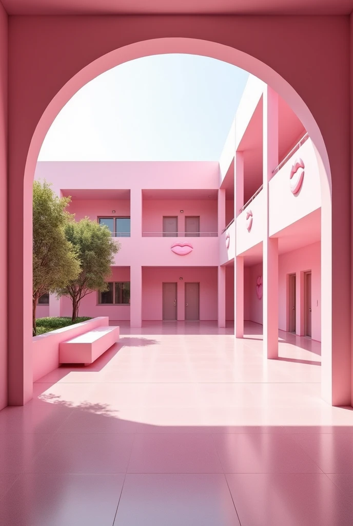 (photorealism:1.2)  Looking at the empty in a pink girls' school inside yard with pink benches, from a window inside of a pink and white modern school building, clean in good shape, the sign "Colegio Coquetas" and the signs of many kisses 💋 on the walls, a wide staircase that leads to the second floor, not childish drawings, realistic, intricate details