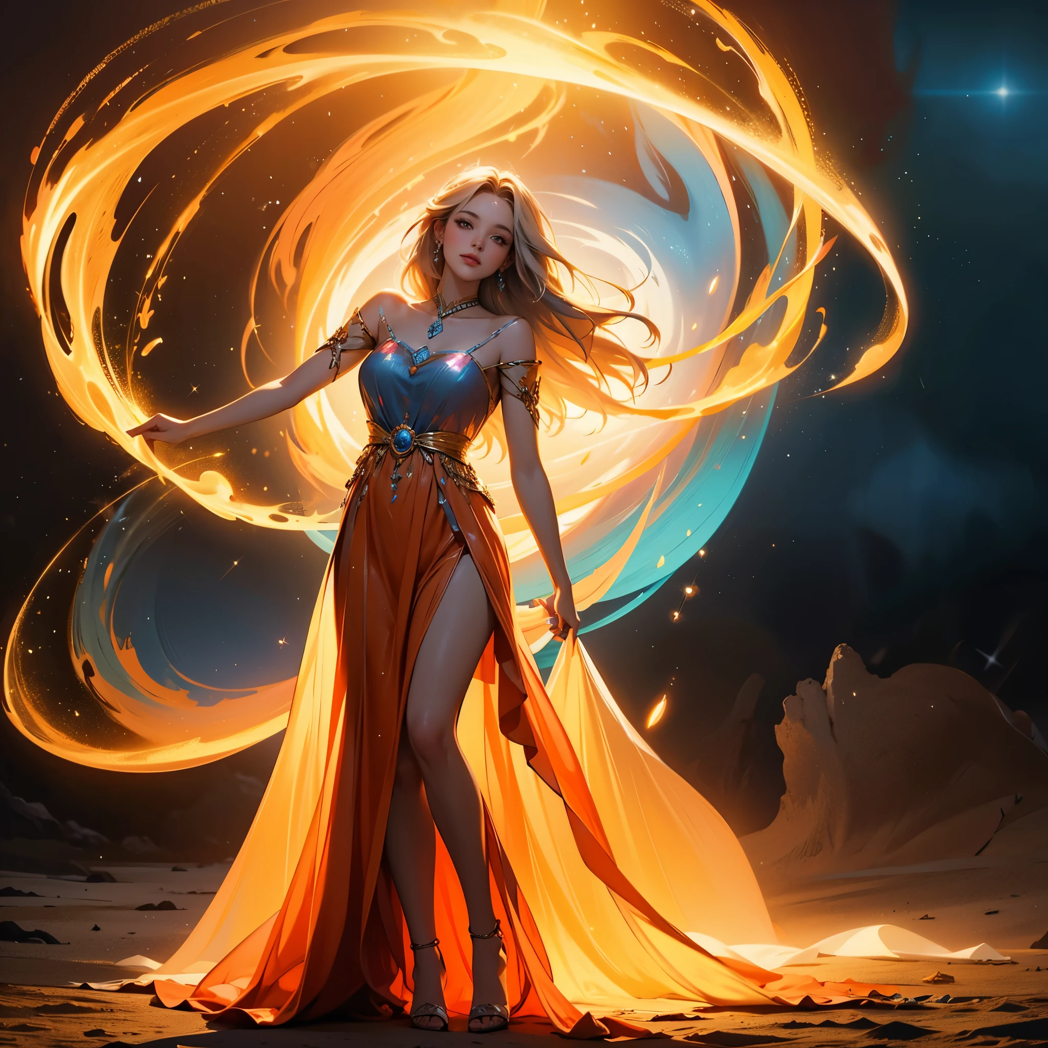 a woman in a long dress standing on a beach with a swirl of light, woman spinning in a circle twirling dress, flowing magical robe, dress made of fire, swirling magical energy, fantasy woman, dramatic lighting fantasy, beautiful celestial mage, glowing with magic, fantasy gorgeous lighting, flowing robes, flowing dress, fantasy photoshoot, neon colors flowing gown, colorful swirling luminescent dress, goddess of light, softly swirling magical energy