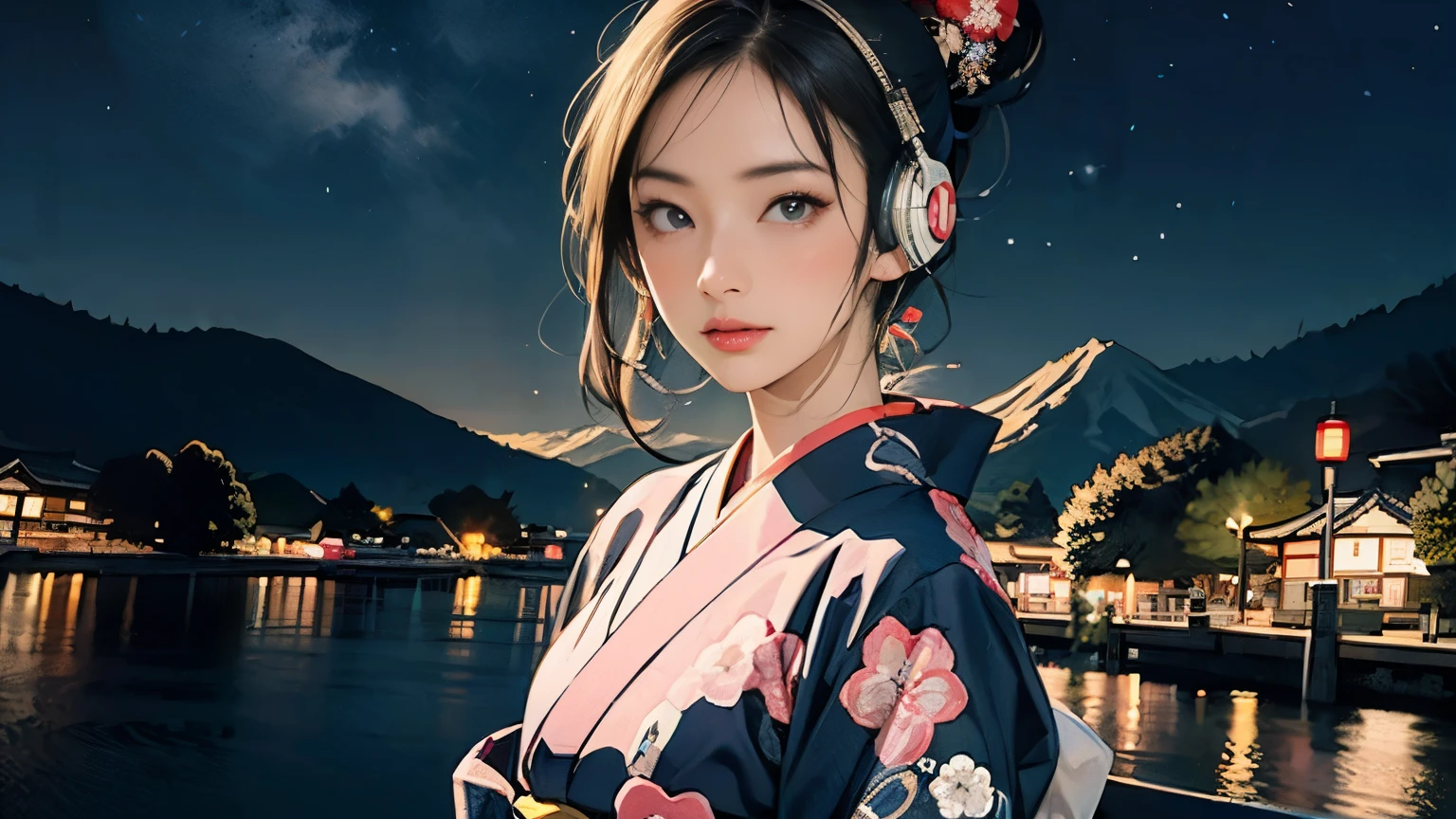 (Highest quality, 8k, masterpiece, High resolution), (whole body), Vibrant colors, Brown-black bob, Traditional topknot, Ample breasts, (Detailed face, Beautiful Face, Beautiful Eyes, Beautiful nose, Pretty lips), Official artwork, Ukiyo-e style, (Beautiful woman in kimono), (Vivid floral patterned kimono), background, river, bridge, Mountain, ((night, Starry Sky)), plum, ((headphones, wearing headphones)),