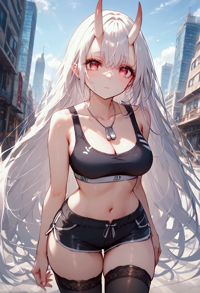 score_9, score_8_up, score_7_up, source_anime, (masterpiece), best quality, expressive eyes, perfect eyes, perfect face, oni girl, oni horns, red eyes, soft lips, long hair, very long hair, wide hips, (white hair:1.2), (white eyebrows:1), (white eyelashes:1), medium :0.5, higuchi madoka,g breastding, background: City, black sports bra, dog tags, black shorts, legwear garter, black pantyhose