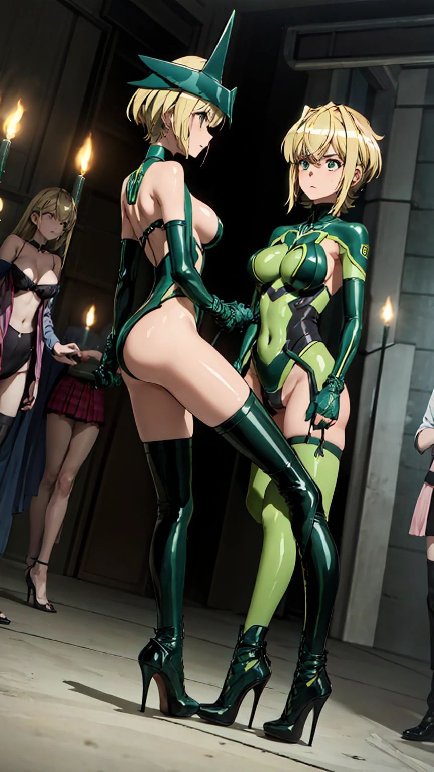 wearing a green latex outfit、A very beautiful and cute girl、Blonde,Dominant appearance、Ideal ratio、Big Breasts、Tight waist、Big Ass、Anatomically correct body structure:1.5、Ron Grove、High heels、Possession of a whip、Light and red candles、Dramatic lighting、Intricate details、Very detailed、8k、Realistic、Sharp focus、Cinematic、A dark and muted color palette、Dramatic shadows and highlights、Glossy glossy texture、underground