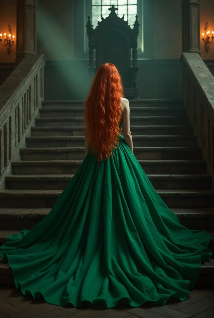 A 22-year-old girl, with white skin and almost red hair with golden streaks and emerald green eyes, Turning her back, she didn't show her face. She wore a billowing green ball gown, standing on a tall, dark staircase leading towards a dimly lit, medieval throne..