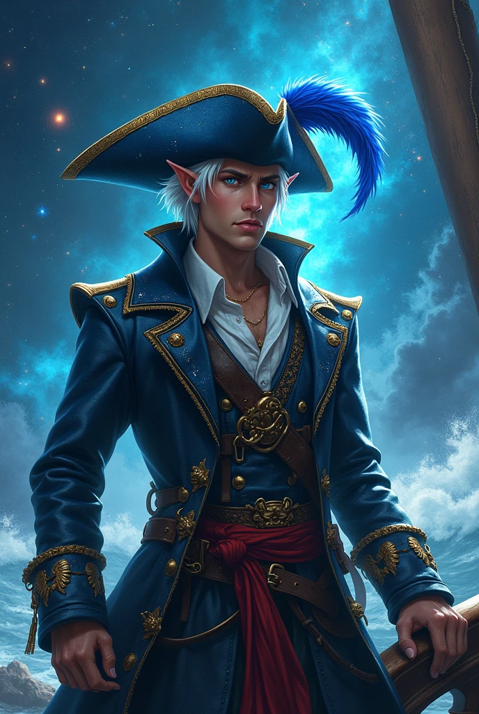 Astral elf pirate with short white hair blue eyes male leather coat and blue feathered pitate hat