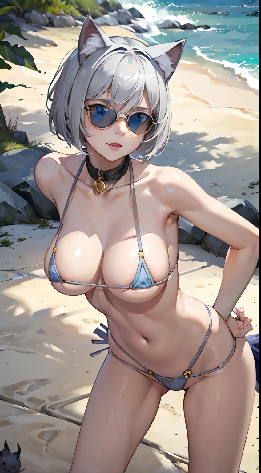 (masterpiece), (best quality), (High quality), expressive eyes, perfect face, 1girl, (grey cat ears: 1.5), BREAK, (medium hair, grey hair, pixie cut), BREAK, (big eyes, perfect eyes, blue eyes, thick eyelashes), (sunglasess: 1.3), BREAK, (thin eyebrow), BREAK, (short height), slim bulid, happy expression, (medium breasts), BREAK, (micro bikini), BREAK, (standing, leaning forward: 1.3), cowboy shot, one hand on own hip, beach, noon, looking at the viewer