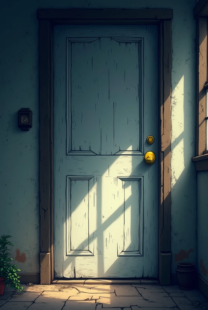 Create an image of a white door with a yellow knob on a dusty house being closed. In the middle of the darkness.,all this with a pixelated style similar to the visual style of Undertale. 