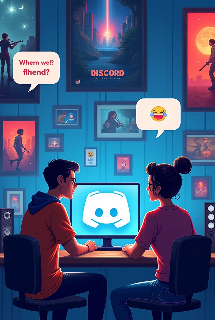 Internet concept background, Use light blue colors with red and black details, message elements ((gaming e conversas)) between friends, open the computer with the Discord symbol, conversas e gaming, Many friends chatting from afar via speech bubbles
In the same sense, use more graphical elements that refer to the internet
Several people in different rooms with different themes (( music, gaming, movies)) 
