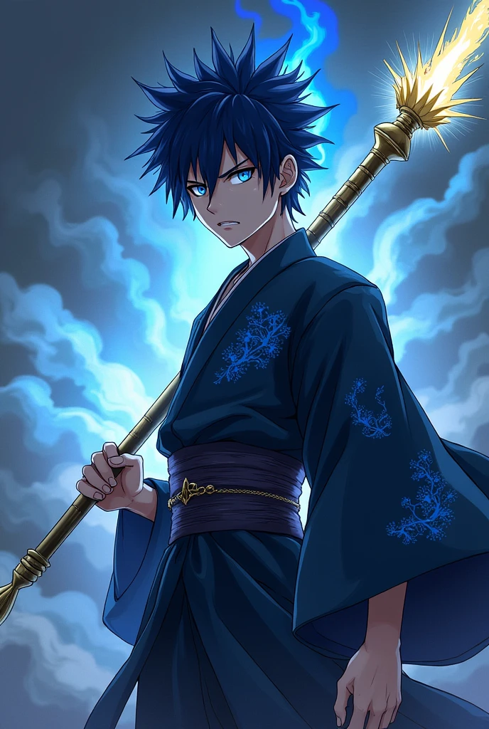 a man with blue flames mixed with his spiky dark blue hair and a bright blue eye with a serious expression and a look of hatred, ready to kill his opponent wearing a Japanese outfit that exudes a sacred presence, black with blue details holding a golden staff with rays (style of anime)