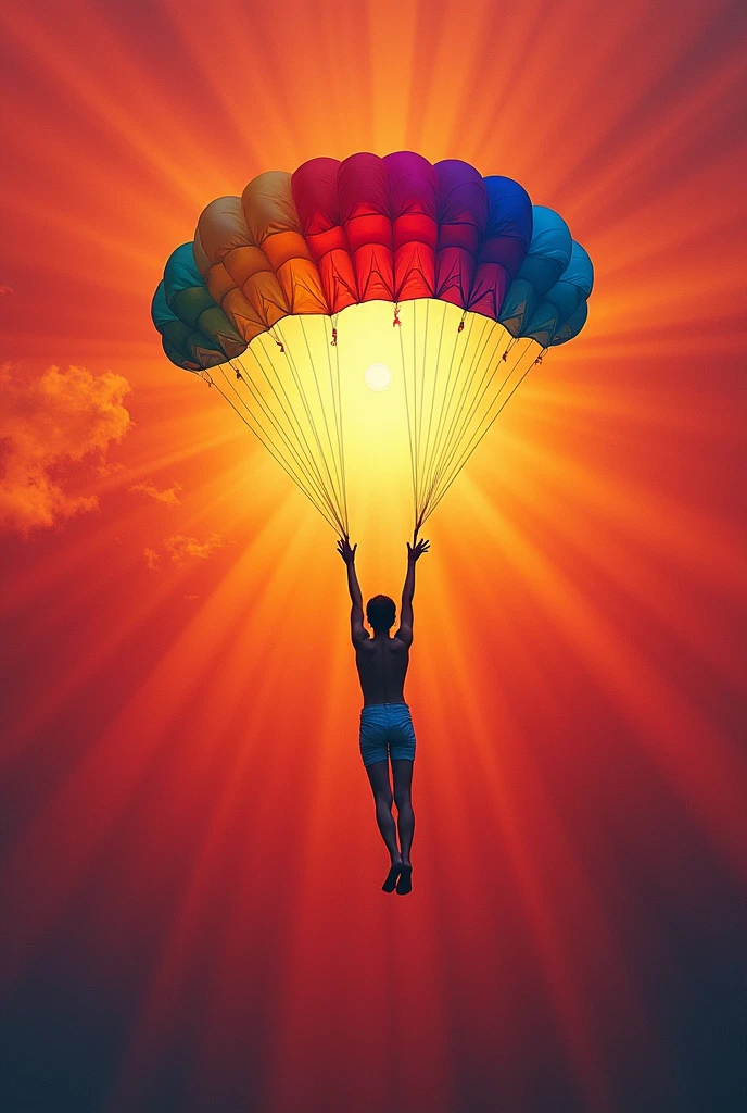 A person with white skin and a parachute with colors: cian, violet, dark blue, magenta, red, yellow , orange, and green, en un fondo red y un sol cian y una luz oscura