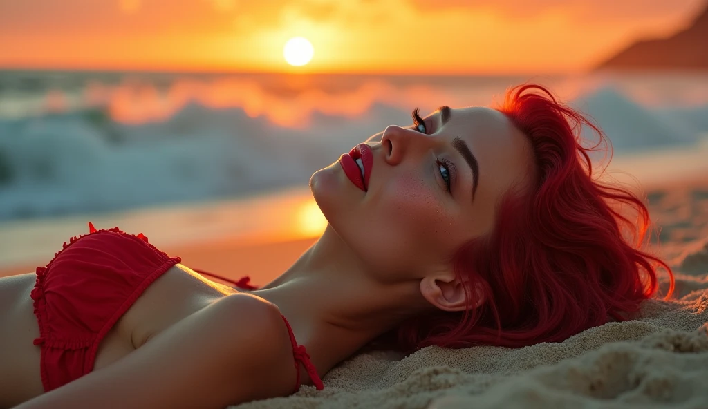 full lips, sunken eyes, outlined eyes, split chin, small nose,round face, redhead, freckles, hair updo upsweep (masterpiece) (best quality) (detailed) (8k) (HDR) (wallpaper) (cinematic lighting) (sharp focus) (intricate), lying in the sand, beach, tsunami background, ocean, red bikini, red sunset, site view, full body, sexy pose, superesolution, 