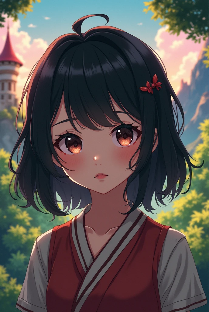 Young girl, pale skin, black hair, semi-wavy hair, semi-long hair, dark brown eyes, lips with a little blood, genshin impact style, and a little anime