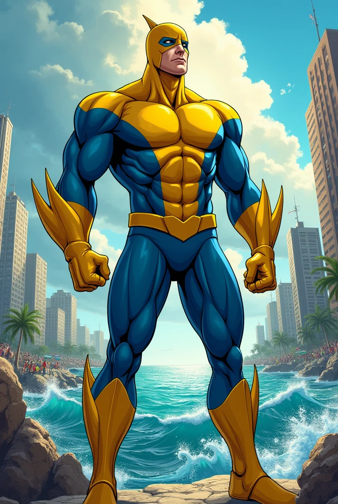a superhero with a yellow and blue suit named submarine man
