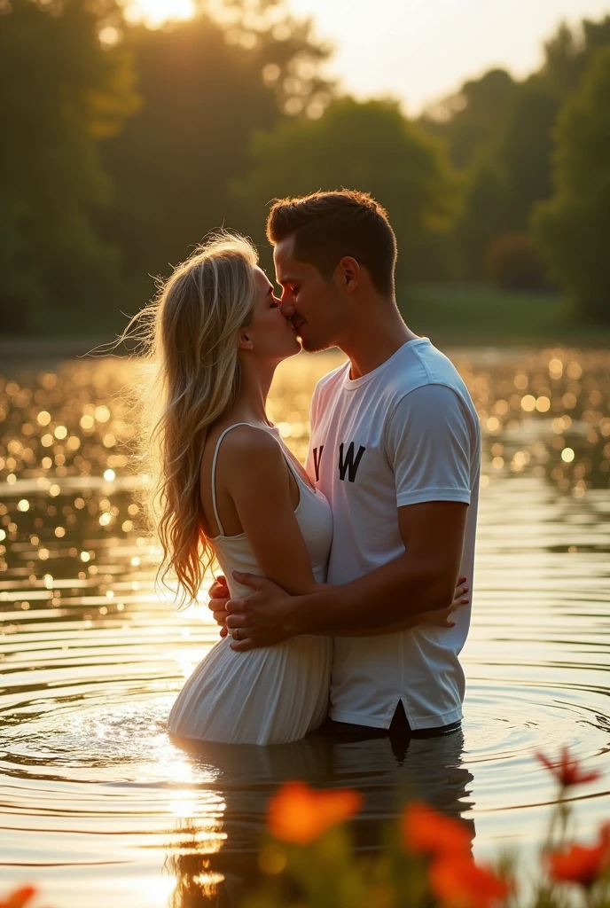 Woman and man facing the camera
in a lake kissing
a shirt with the initials V and W
Vicky is white