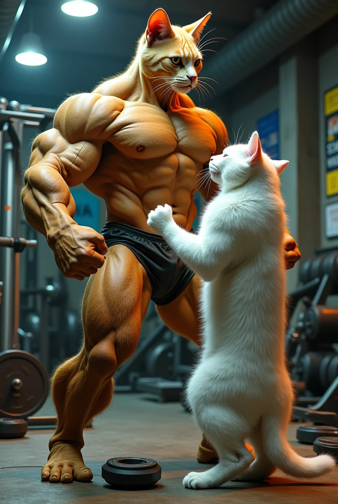 Make bodybuilder his head is cat and body is human Fighting with Another white cat bodybuilder white cat has got bodybuilder punched and died with big muscle then white muscle face becomes sad