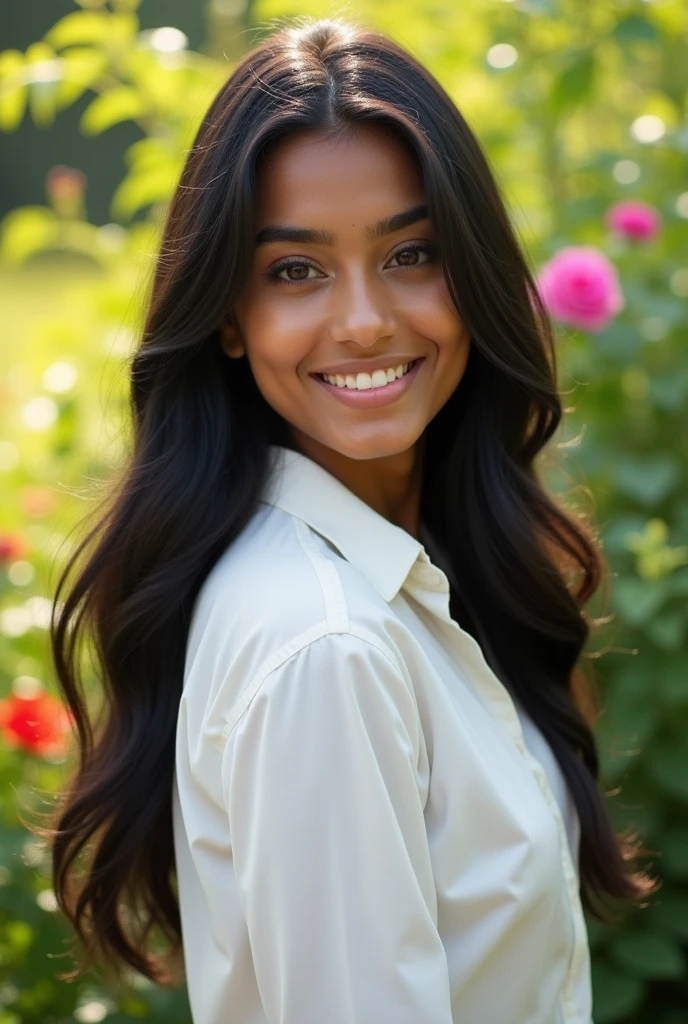 20 year old beautiful Indian girl big eyes pink lips black hear and white shirt 