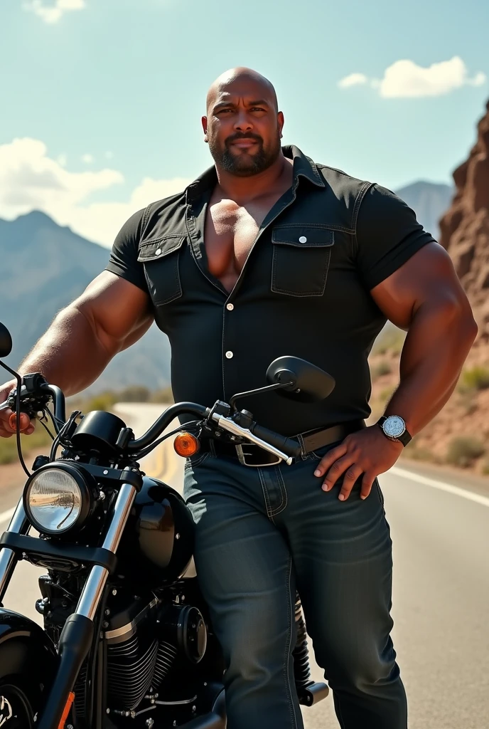 Big giant body builder white men wearing unbuttoned double pocket black denim shirt on heavy motor bike