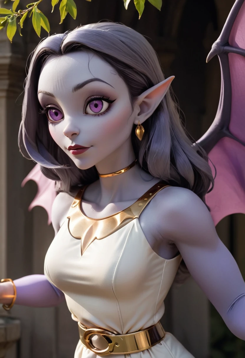 1990s gargoyle in the animation style of Gargoyles: The Goliath Chronicles. female gargoyle character with a humanoid form, lavender-gray skin, and bat-like wings. She has a sleek, athletic build with sharp claws on her hands and feet, pointed ears, and a long, slender tail. Her face is expressive with large, almond-shaped eyes, a defined nose, and a strong jawline. She wears a cream-colored tunic with a golden belt at the waist, along with gold hoop earrings and a gold bracelet. Her dark brown hair is voluminous and styled in a wave that falls just above her shoulders. The setting should have a night-time, gothic atmosphere with dramatic shadows to highlight her confident and poised stance.