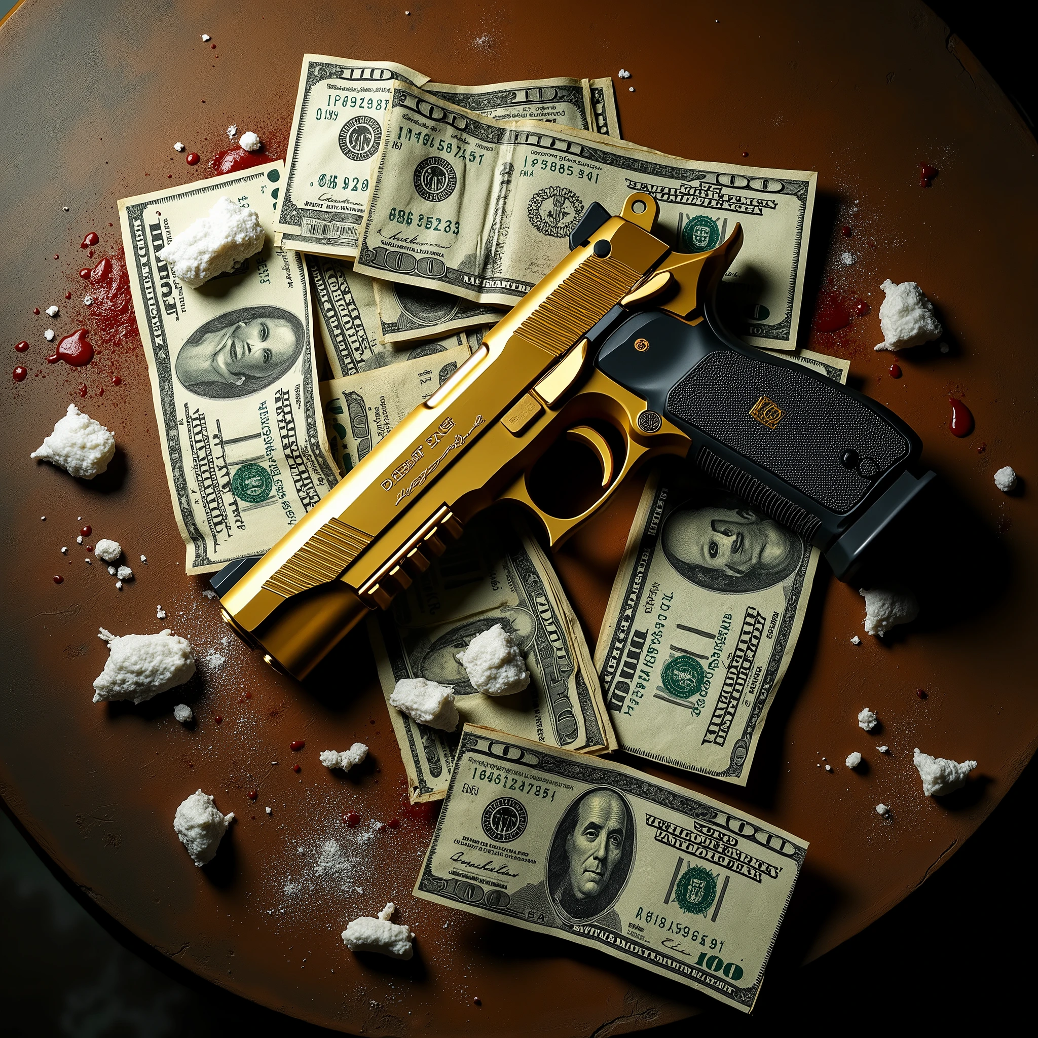 Grunge table flat lay top view, with dollars (a few dents or tears), a golden desert eagle, several lines of cocaine, small ripped drug bags. Blood splattered across the scene (some blood under a few dollar bills).