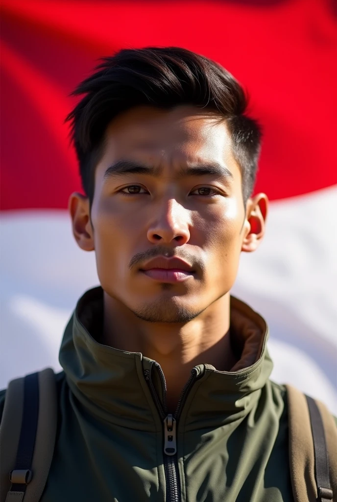 jewish man, full weight body, black hair, short neck, straight focus, outdoor outfit jacket, close up portrait, in front of Indonesia flag
