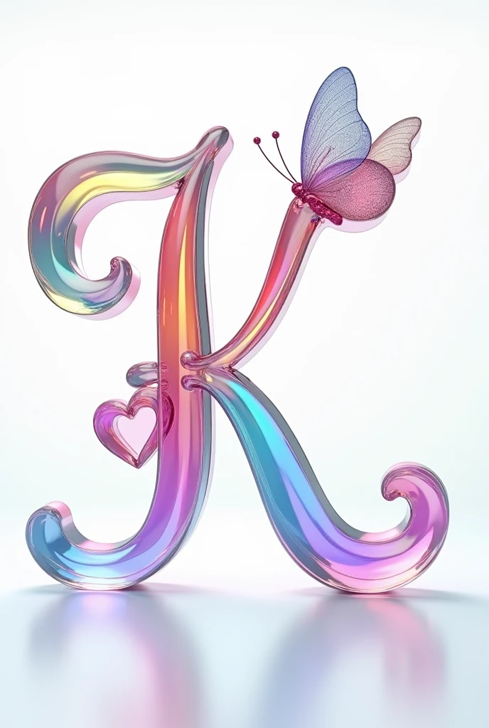 A captivating 3D glass render of the word"K" skillfully crafted into an elegant and sophisticated logo. The name is written in a graceful, flowing font, adorned with a tiny heart and a mesmerizing transparent, iridescent butterfly. Each letter is illuminated with vibrant neon shades of pink, blue, yellow, purple, green, and orange, adding a touch of modernity and charm. The logo stands out brilliantly against a clean white background, serving as a striking centerpiece. This enchanting design would be an ideal choice for a cinematic poster or architectural rendering, commanding attention and versatility across various applications.,
illustration, cinematic, 3d render, poster,typography, architecture, photo