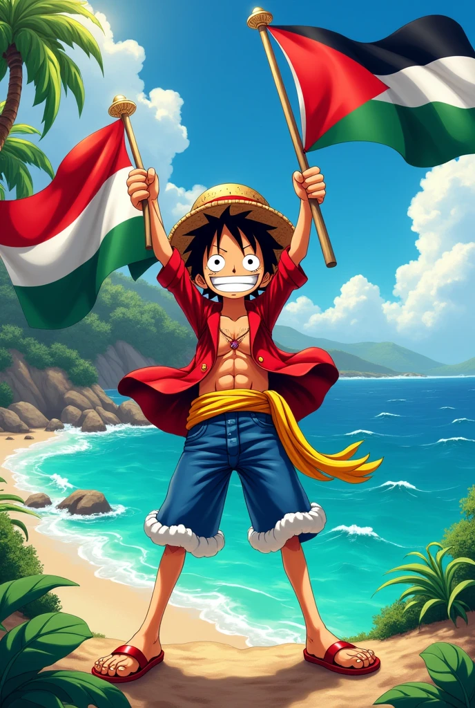 Luffy from the manga One Piece is holding the flags of Indonesia and Palestine.