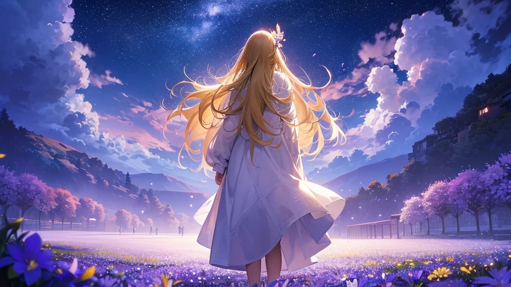 1people々々々々,Blonde long-haired woman,White long coat, Dress Silhouette, Rear View,Space Sky, Flower Field,Colorful flowers,Fluttering petals,