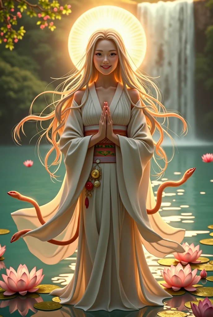 lute、smile、waterfall、lake、Beauty、The body is facing forward、looking at the camera、Hands folded in front of you、God with a golden background々It emits a bright light、
vivid、kimono、Decorations、Long Hair、Wind、Lotus flower、White Snake、Halo、Digital Art、人物にも光が当たっている
mysterious、beautiful、Realistic、vivid、Lotus flower、Long Hair、Wind、beautiful、mysterious、