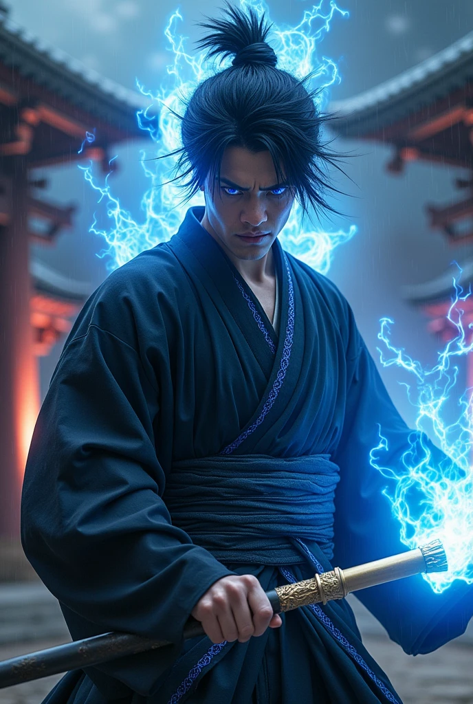a man with blue flames mixed with his spiky dark blue hair and a bright blue eye with a serious expression and a look of hatred, ready to kill his opponent wearing a Japanese outfit that exudes a sacred presence, black with blue details holding a golden staff with rays (realistic styling)