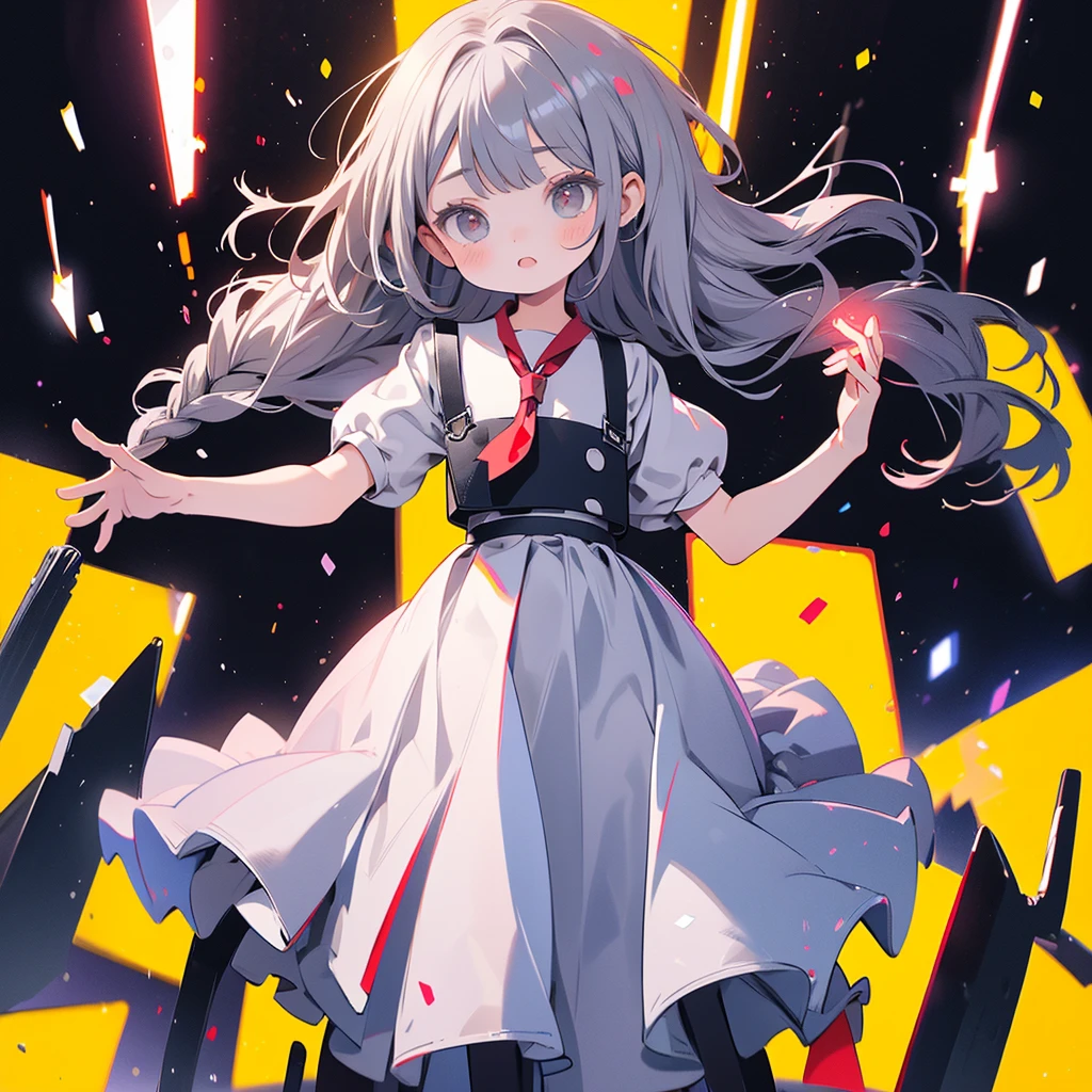 1girl、Highest quality、Masterpiece、The finest details、Little、cute、、Red short-sleeved dress、Gray Hair、Red School Bag、Skipping、Facing sideways towards the audience、Yellow simple background